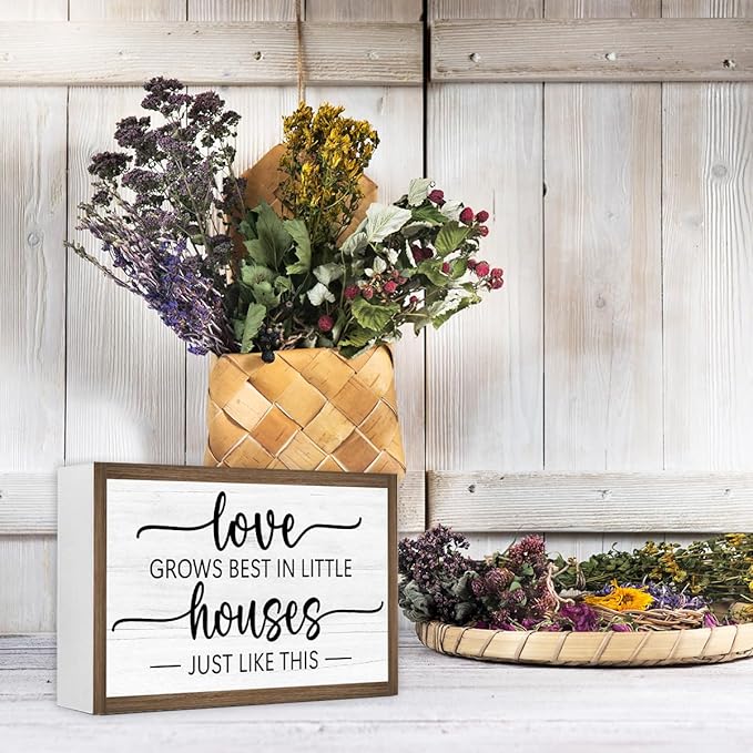 Love Grows Best in Little Houses Just Like This Wooden Box Sign Desk Decor,Rustic Farmhouse Love Sign Wood Block for Home Bedroom Shelf Tabletop Wall Decor