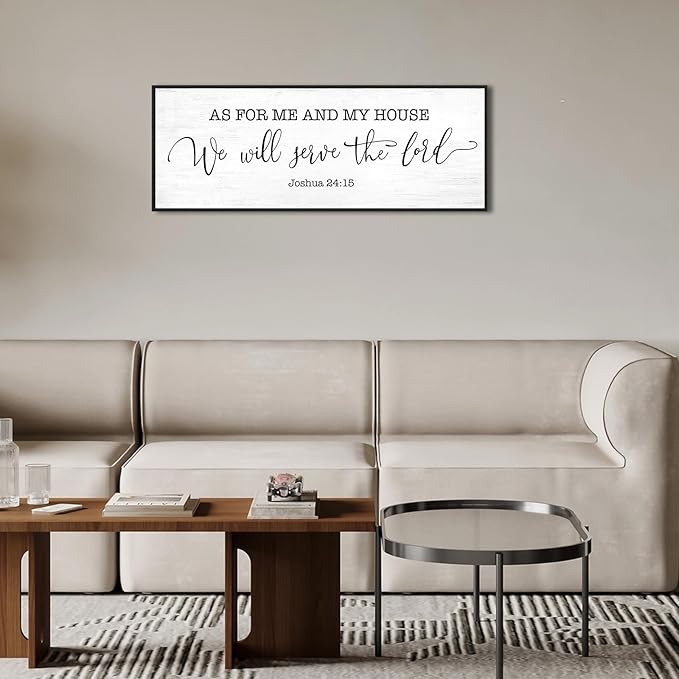 As for Me and My House We Will Serve the Lord Sign: 40x15 Inch Framed Christian Bible Verse Wall Art Canvas Print, Joshua 24:15 Scripture Wall Decor for Family Living Room Dining Room