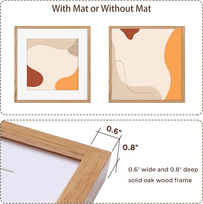 16x16 Oak Wood Picture Frame, 16"x16" Picture Frame Matted to 12"x12", Square Frame 16 x 16 with Real Glass, 16x16 Wood Frame for Wall - Beige Oak Color, 1 Pack