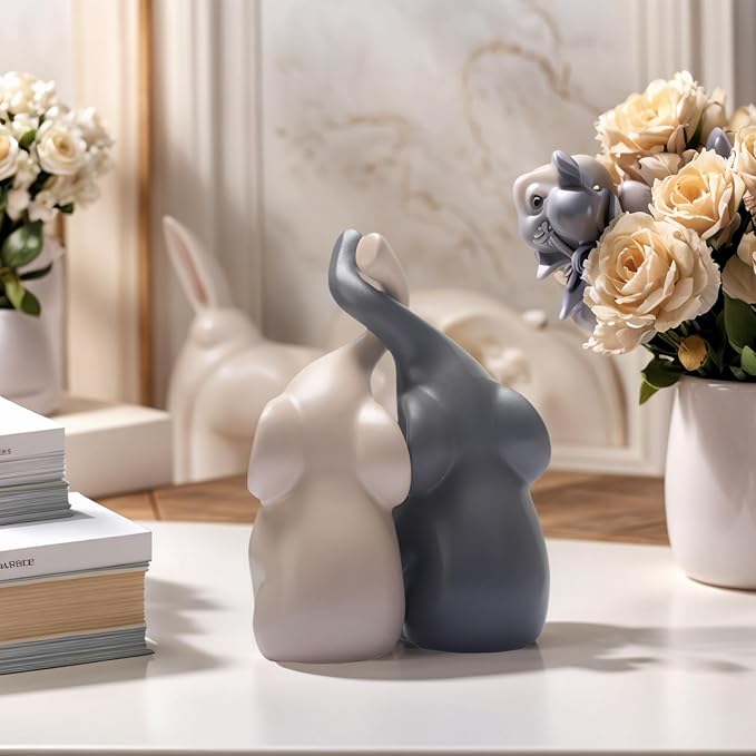 Modern Loving Couple Elephant Statue Set in Beige & Grey - 6 Inch Decorative Figurines for Living Room, Dining Table, Shelves & Entryway - Wedding, Women's Home Decor Sculptures