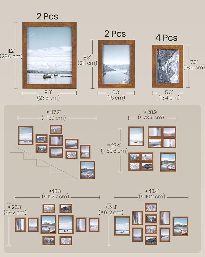 SONGMICS Picture Frames, Collage Picture Frames Set of 10, Two 8x10, Four 5x7, Four 4x6, Photo Frame for Wall Gallery Decor, Table Display, Glass, Rustic Brown URPF010X01