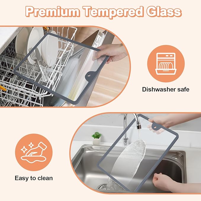 Joeyan 2Pcs Tempered Glass Cutting Boards Set- 15"x10" & 12"x8" Shatterproof Kitchen Chopping Board with Non-Slip Grips, Hanging Hole & Heat-Resistant for Meat Prep, Serving, Countertop Protection
