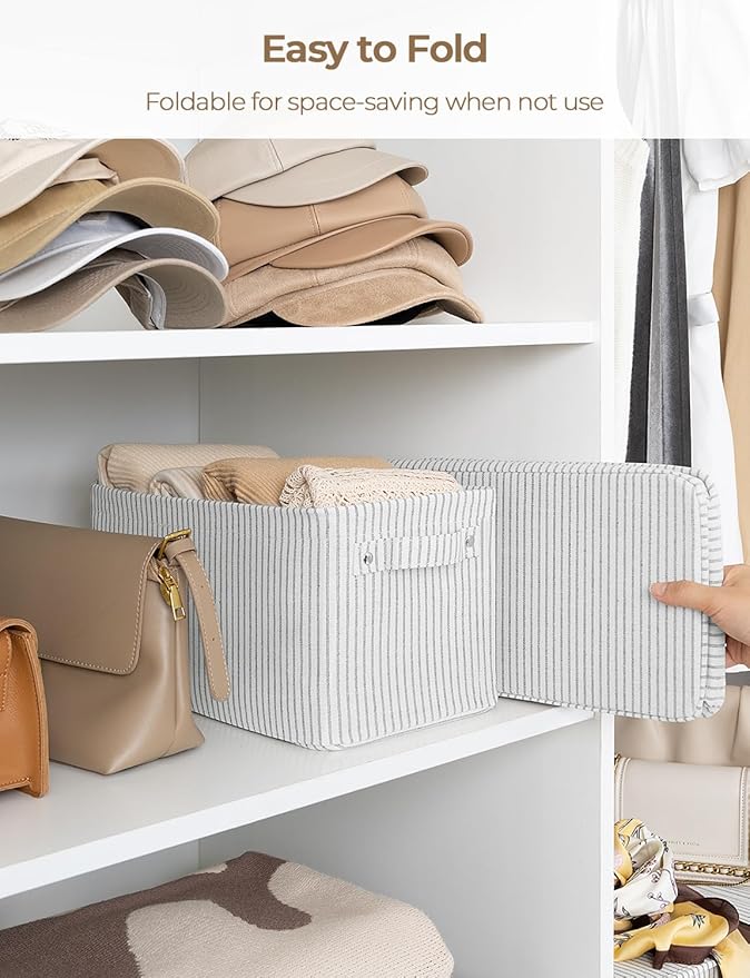 StorageWorks Narrow Storage Bins, Small Basket for Closet and Shelves, Rectangular Fabric Organizer with Handles, Toilet Paper Storage, Khaki and Beige Stripes, 2-Pack