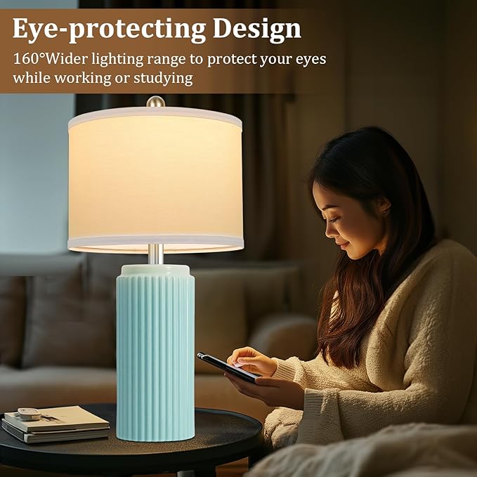 23.5’’ Light Green Coastal Table Lamps for Bedroom Set of 2, Modern Ceramic Nightstand Lamps for Living Room, Elegant Bedside Lamps with White Line Shade Set for Reading, Farmhouse Side Table Lamps