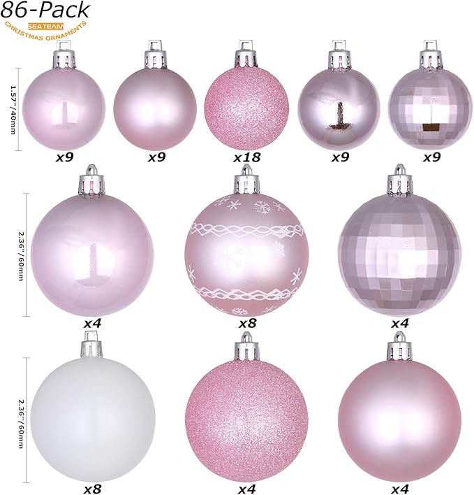 Sea Team 86-Pack Shatterproof Pink Christmas Ball Ornaments Set, Assorted Multi-Sized Hanging Baubles, Xmas Tree Decorations, Seasonal Décor for Holiday Wreath Garland, Hooks Included