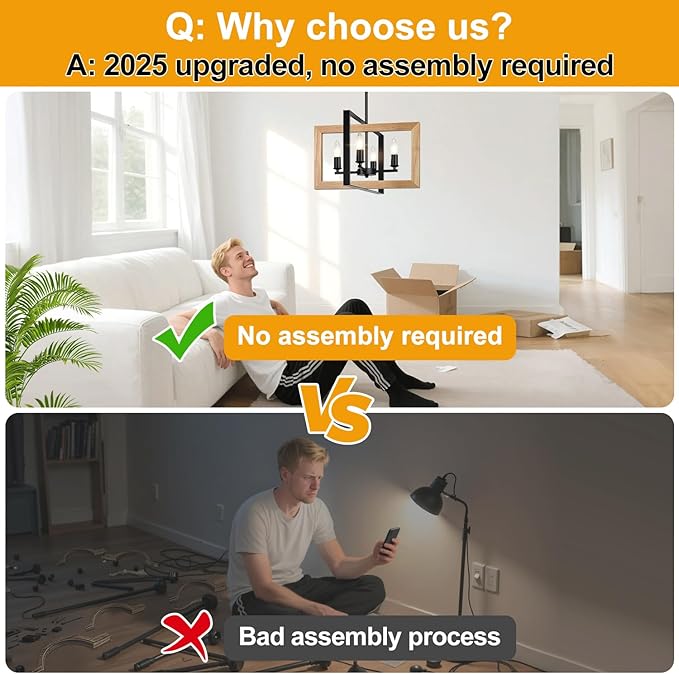 17" Farmhouse Natural Wood Chandelier, (4-Light, 17-Inch), Rustic Dining Room Light Fixtures Over Table, Adjustable Hanging Light Fixture for Kitchen, Living Room, Foyer, Entryway