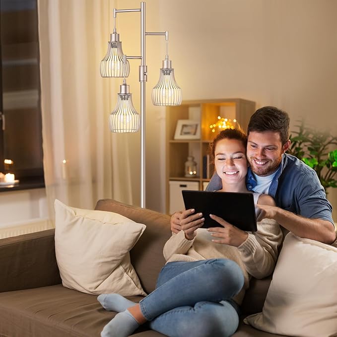 Dimmable Floor Lamps for Living Room, Industrial Tree Standing Tall Lamps with 3 Elegant Cage Shade & 650 Lumens LED Bulbs for Bedroom Office - Light Gold