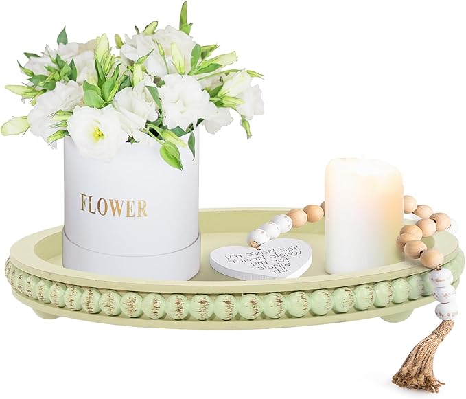 HPC Decor 12in Round Mint Green Wood Beaded Tray - Decorative Living Room, Coffee Table, Kitchen Table, Dining Room or Farmhouse Serving Tray