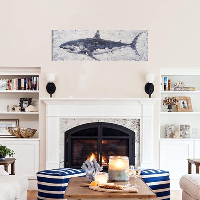 NdcSkyArt Vintage Shark Canvas Wall Art: Nautical Decor for Coastal Home & Office