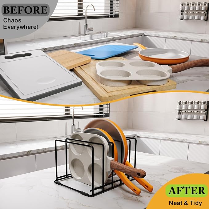 Space-Saving Kitchen Organizer Rack - 5-Slot Heavy-Duty Cutting Board and Bakeware Holder, Rust-Resistant with Anti-Slip Feet for Countertop or Cabinet Storage - 2 pack