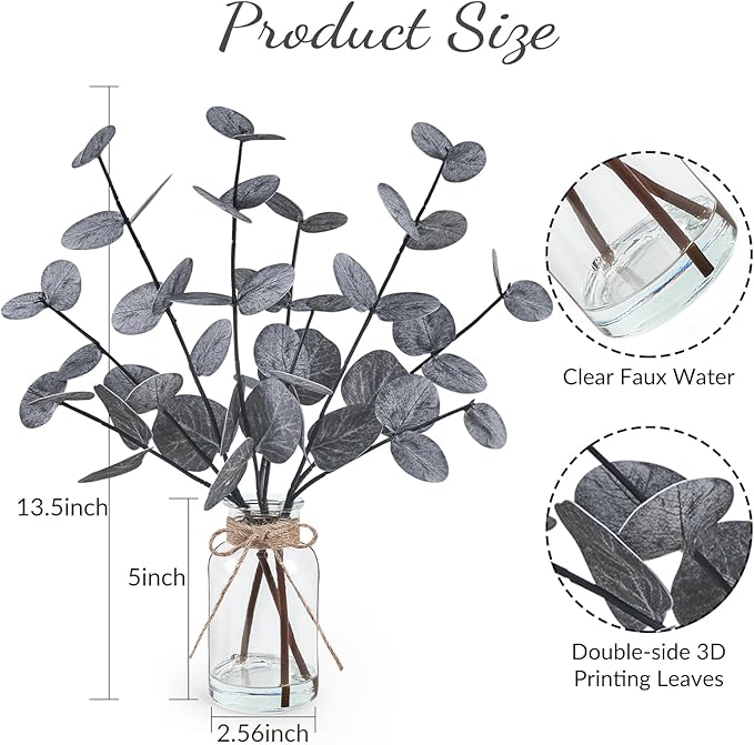 Artificial Eucalyptus Stems in Glass Vase with Faux Water, 14" Fake Plants for Home Decor, Coffee Table Centerpieces, Office, Bathroom & Farmhouse Weddings - Faux Plants Decorations
