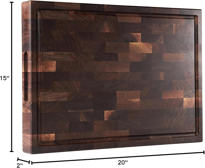 American Black Walnut Wood Cutting Board 20"x15"x2"(Large and Thick) for Kitchen with Juice Groove, Inner Handles, End Grain Butcher Block Finished with Linseed Oil, Beeswax, Lemon Oil, Giftbox
