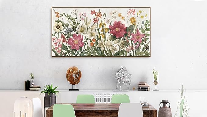 arteWOODS Botanical Framed Wall Art - Flowers Canvas Pictures Wall Decor Wildflowers Plants Painting Artwork Red Beige Blooming Floral Prints for Living Room Bedroom 58 x 29in Natural Wood Frame
