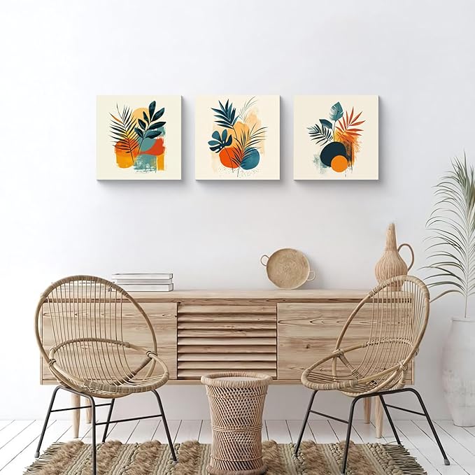 NAN Wind 3Pcs Tropical Leaf Wall Art Palm Frond and Foliage Canvas Print with Bold Orange Teal Yellow Shapes Mid-Century Modern Botanical Plant Pictures for Boho Living Room Bedroom Office Wall Decor