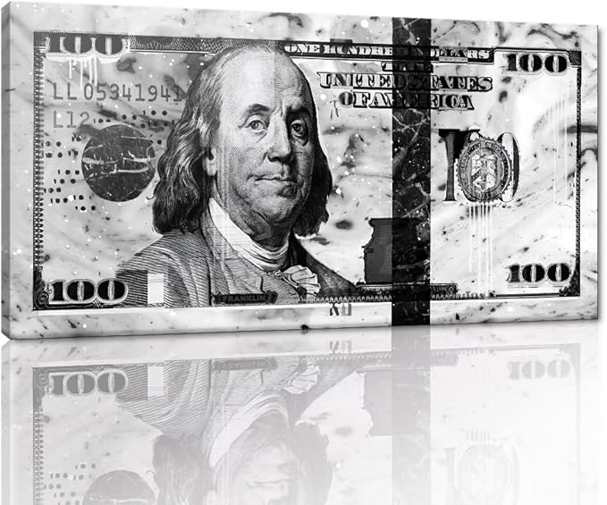 Black and White Graffiti Dollar Wall Canvas Painting Picture Artwork for Home Walls Large 100 Bill Giclee Canvas Wall Picture Creative Money Art Print Positive Modern Home Decor Easy to Hang-40"Wx20"H
