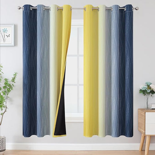 Estelar Textiler Navy Blue and Yellow Blackout Curtains 72 Inch Length 2 Panels Set, Full Room Darkening Grommet Ombre Curtains for Bedroom, Thermal Insulated Light Blocking Gradient Drapes, 52Wx72L