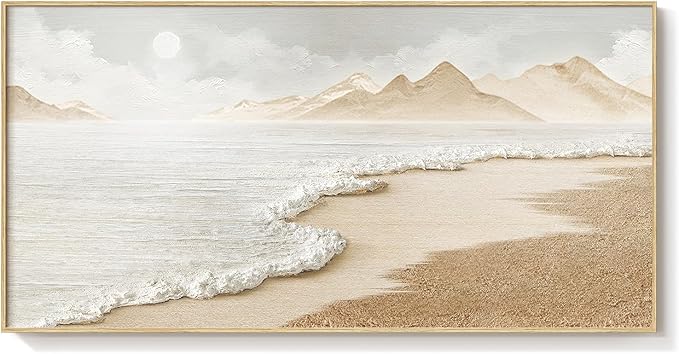 Framed Boho Coastal Beach Wall Art for Living Room, Extra Large Neutral Ocean Canvas Artworks for Walls, Horizontal Abstract Minimalist Coastal Art Print for Bedroom Kitchen Office Walls, 30x60 Inch