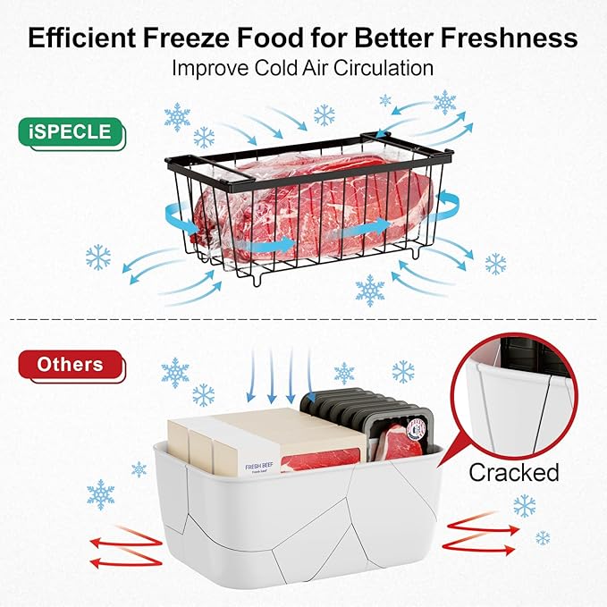 iSPECLE Freezer Organizer Bins - 15.8" to 18.1" Extendable Length Freezer Baskets for Chest Freezer for 7 Cu.Ft Deep Freezer, 2 Hanging Baskets and 4 Stackable Bins, 6 Pack Black