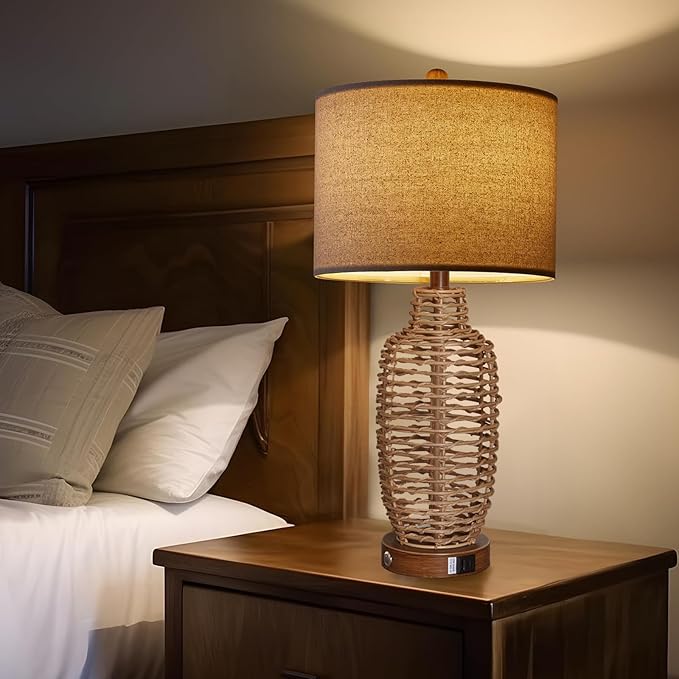 Rattan Table Lamps Set of 2 Wicker Lamps 3 Way Dimmable Touch Control Farmhouse Rustic Coastal Lamps with USB Port for Bedroom Living Room Office (LED Bulbs Included)