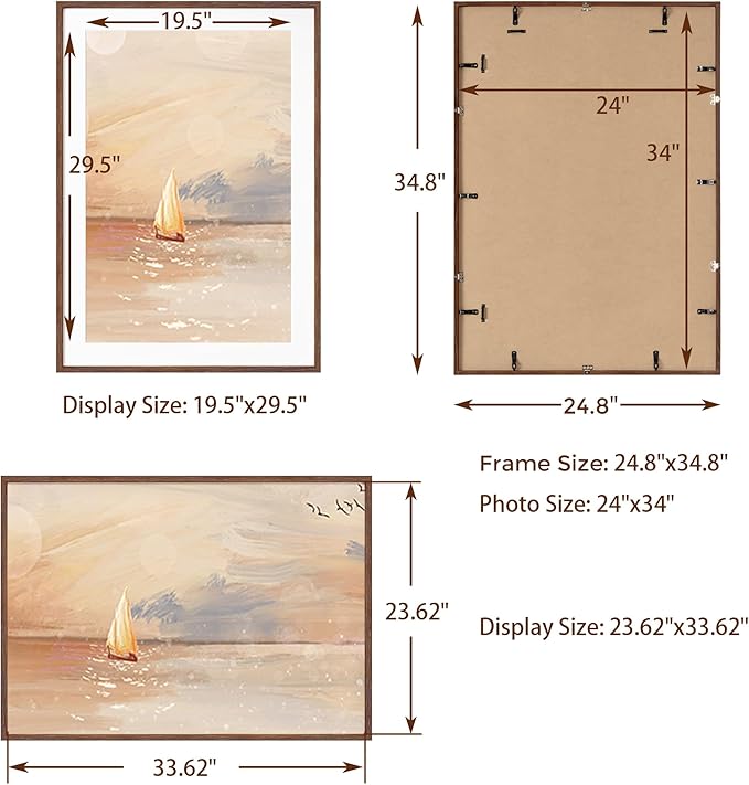 24x34 Oak Wood Picture Frame, 24"x34" Poster Frame for Wall, 24 x 34 Frame with Mat for 20x30, Rustic Wood Frame 24 x 34 with Real Glass, 24 by 34 Large Photo Frame (Walnut Color, 1 Pack)