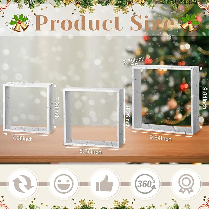 3 Pcs Christmas Wooden Table Decoration Centerpiece Sign Crafts for Farmhouse Desk Coffee Tabletop Fireplace Mantle Bookshelf Tiered Tray Shelf Accents Rustic DIY Ornament(White,Square)