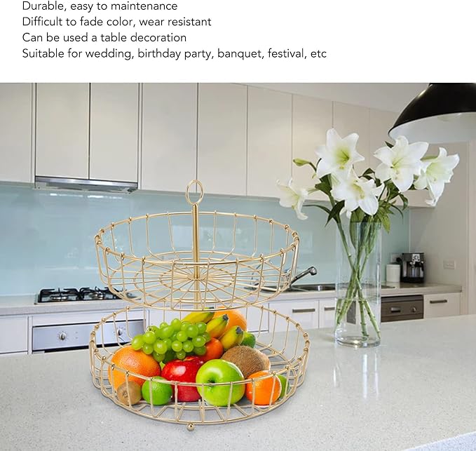 Tiered Fruit Bowl, 2 Tier Fruit Basket, Golden Fruit Basket Iron Round Golden Nordic Household Snack Storage Tray For Party Desktop Kitchen
