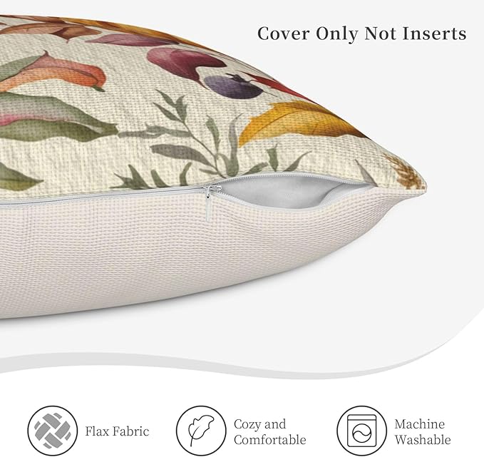 Fall Pumpkin Pillow Covers 16x16 inch Set of 2, Linen Autumn Outdoor Thanksgiving Harvest Leaves Rustic Farmhouse Decorations for Sofa Couch