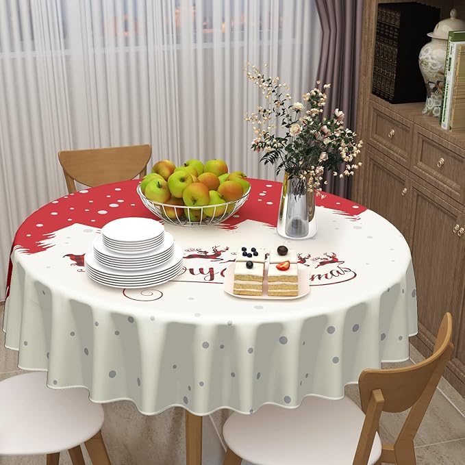 Kawani Merry Christmas Round Tablecloth in Red and Beige 60 inch Festivals Decor with Santa Claus and Elks Pattern Decorative Table Cloth for Winter Holiday Party Indoor and Outdoor Decorations