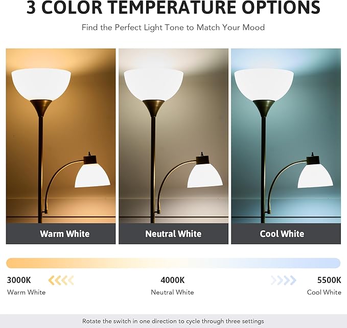 VONLUCE Torchiere Floor Lamp, 71" Standing Lamp with Adjustable Reading Lights & 2 Bulbs, 3 Color Temperatures Modern Tall Pole Lamp for Living Room Bedroom Corner, Gold