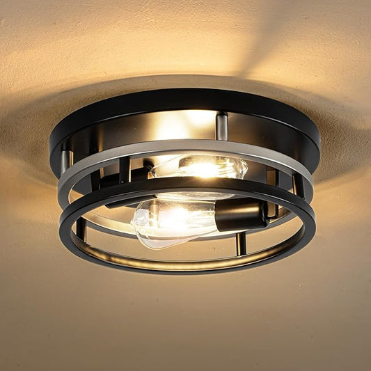 2 Light Industrial Ceiling Light Black Nickel Semi Flush Mount Lights Close to Ceiling Light Fixtures,cage design Farmhouse Ceiling Lighting for Kitchen Bedroom Bathroom Foyer Hallway (E26, 1Pack)