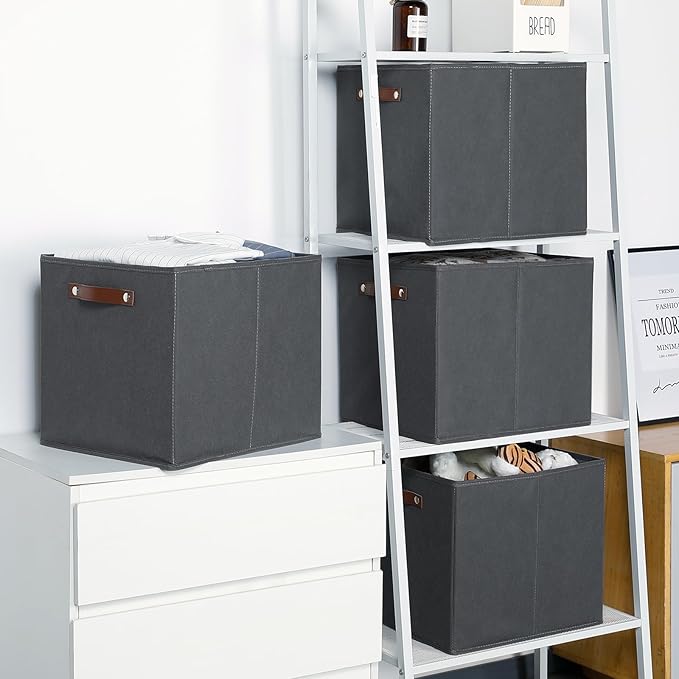 Temary Foldable Cube Baskets 4Pack - Grey, 13x15x13 Inch Fabric Storage Organizer Bins with Handles