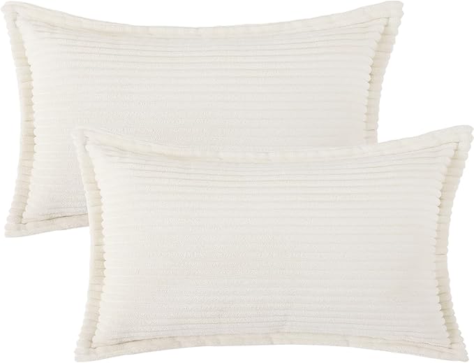 Mecatny Corduroy Throw Pillow Covers 12x20 Set of 2, Neutral Decorative Soft Boho Lumbar Couch Pillow Covers with Broadside for Sofa Living Room, Cream White