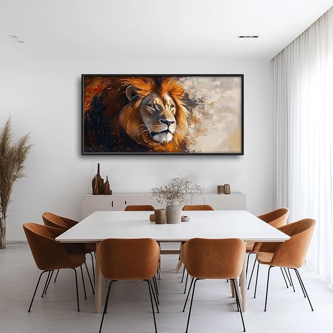 Lion Framed Wall Art for Living Room, Large Brown Lion Canvas Wall Decor, Wild Animal Pictures Painting, Modern Artwork for Bathroom Bedroom Office 60L'' × 30W''