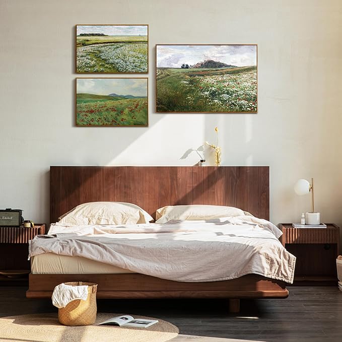 crmotu Framed Canvas Wall Art, Hillside Landscape Art Prints, Flower Field Vintage Decor Pictures, Nature Scenery Wall Paintings for Living Room Bedroom Bathroom Rustic Farmhouse Kitchen Decor 16x24in