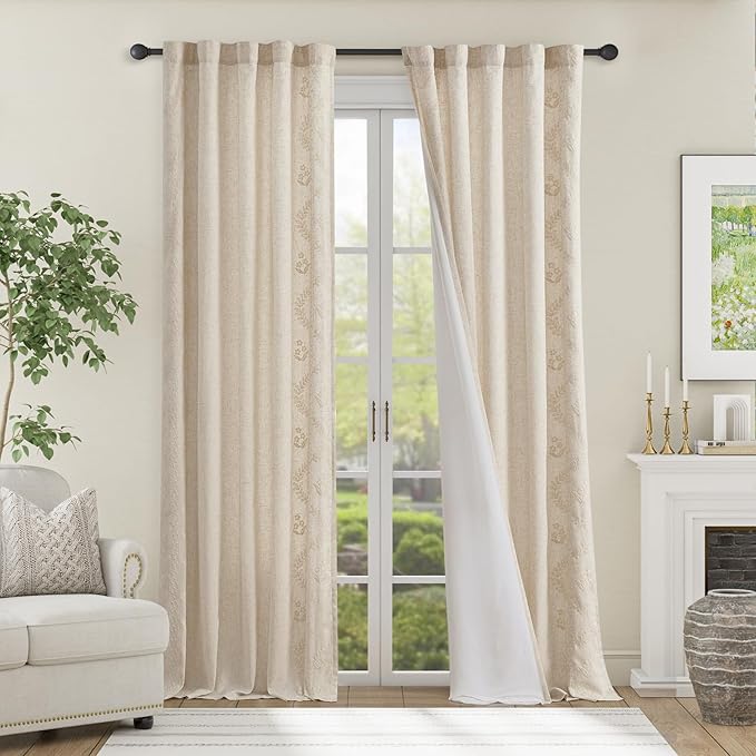 jinchan Belrose Lined Linen Blend Curtains Boho Floral Curtains for Bedroom 96 Inch Length Ivory Embroidered Drapes Rod Pocket Farmhouse Flower Drapes for Living Room Window Treatments Set 2 Panels
