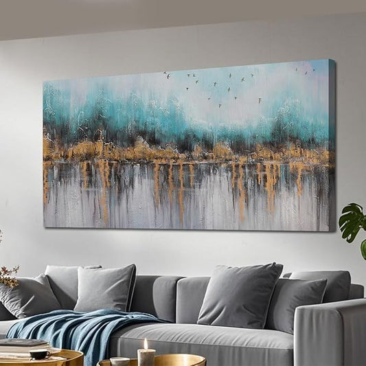 Ardemy Teal Abstract Canvas Wall Art for Living Room Landscape Painting Bedroom Turquoise Grey Panoramic Textured Picture Artwork Framed, Wall Art for Men Home Office Wall Decor Large 48"x24"