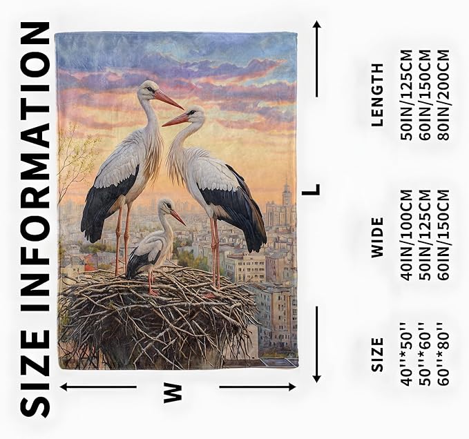 Stork Bird Family Blanket, Cozy Flannel Sunset Urban View Throw Blanket, Soft Fuzzy Blankets for Travel Home Decor, All Season Lightweight Couch Bed Cover, Gifts for Women Adults Kids 40"×50"