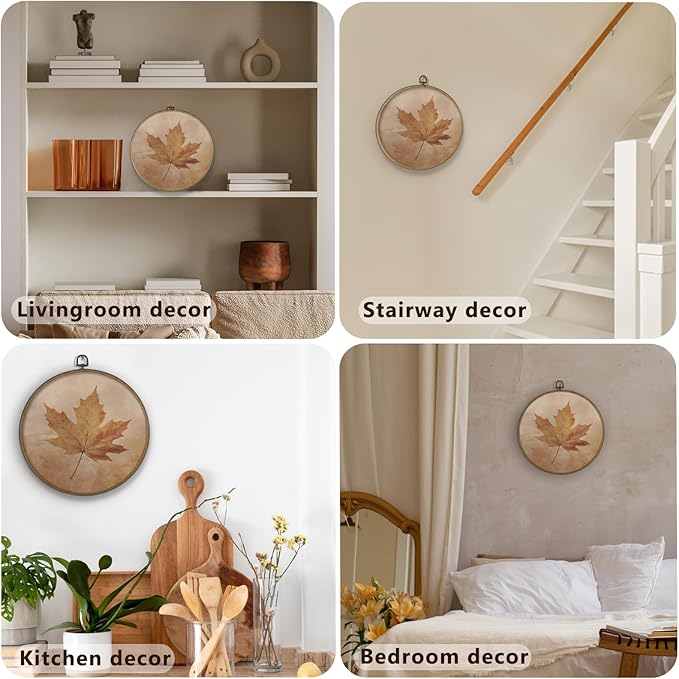 Gnmduw Fall Leaf Wall Art Framed, Fall Wall Decor, Rustic Thanksgiving Autumn Round Hanging Wall Decor, Halloween Autumn Canvas Prints Art for Cottage Core Living Room Bathroom Bedroom, 10x10 Inch