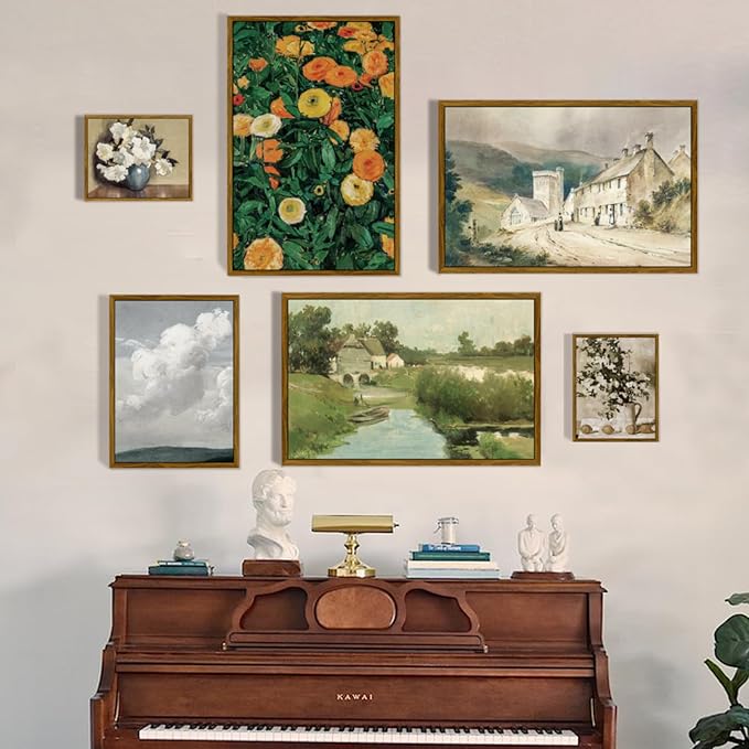 crmotu Vintage Framed Wall Art, Countryside Landscape Canvas Painting, River Cottage Green Scenery Art Prints, Bridge Boat Nature Rustic Farmhouse Wall Decor Living Room Bedroom Pictures 20x30in