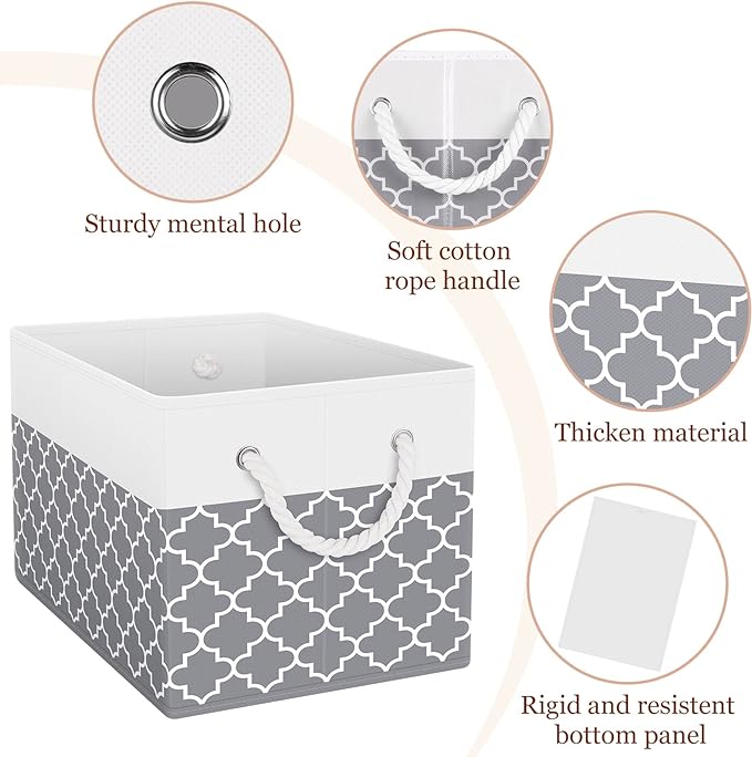 Fab totes Storage Bins [3-Pack], Foldable Storage Baskets for Organizing Toys, Books, Shelves, Closet, Large Storage Box with Rope Handles, Sturdy Organizer Bins,Clover Grey