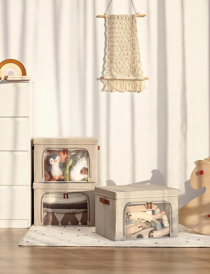 StorageWorks Storage Bins with Lids, Decorative Boxes with Clear Window for Clothes, Fabric Collapsible Baskets for Closet Organization, Large, Brown, 3 Packs