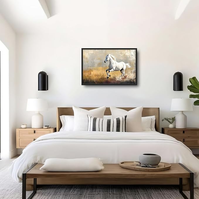 Extra Large Framed Horse Wall Art,Oversized Rustic Horse Running Wall Decor, Vintage Wild Animal Field Pictures for Living Room,Canvas Print Painting Modern Artwork Bedroom Office 36L"x24W"