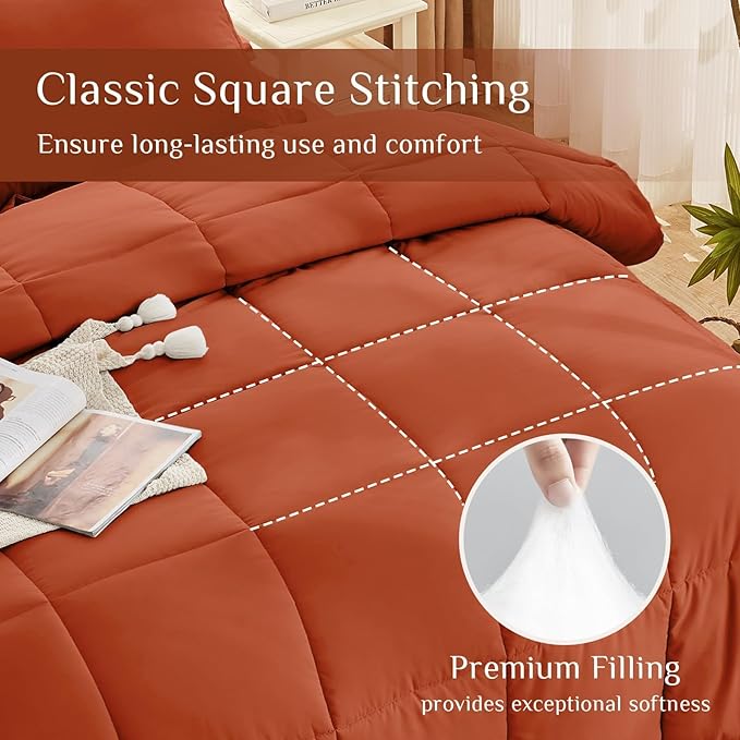 JOLLYVOGUE Queen Comforter Set, Ultra-Soft Bed in a Bag Queen Size 7 Pieces, Oeko-TEX Certified Bedding Set with Down Alternative Comforter, Sheets, Pillowcases & Shams, Burnt Orange