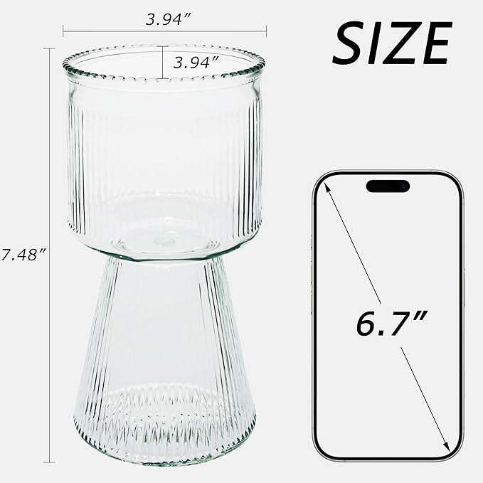 VECELO Modern Ribbed Glass Vase, Clear Flower Vase for Table Centerpiece, Modern Glass Vase for Living Room, Bedroom, Dining Table, Entryway, Office, Wedding, 7.5 Inches