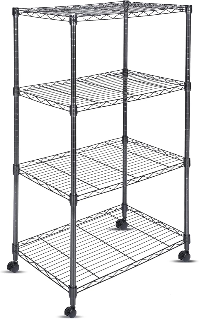 Whitmor 4 Tier Shelving Unit, Adjustable Storage Shelves with Wheels, Wire Shelving, 400 lbs Capacity per Shelf, Max 1600 lbs Total for Laundry, Kitchen, Garage, 24" L x 14" W x 47" H, Black