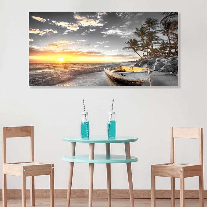Beach Wall Art Canvas Prints Art Black and White Sunset Seascape Pictures Bedroom Decor Boat Tree Ocean Landscape Painting for Living Room Office Decoration Natural Scenery Artwork 20x40inches