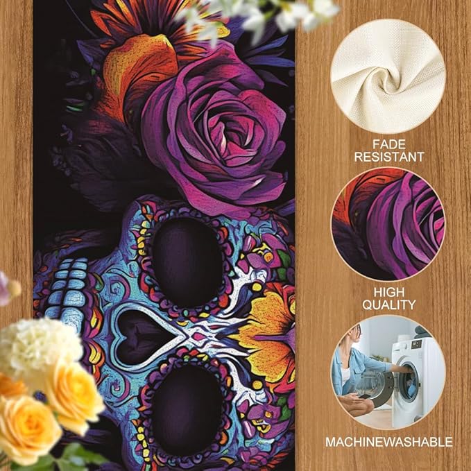 ANNA QUEEN Flowers Table Runner 13 x 72 Inch for Dining Table, Table Runner for Spring & Holiday Dining Decor Indoor Outdoor Party Home Table Decoration (Skull Flowers)