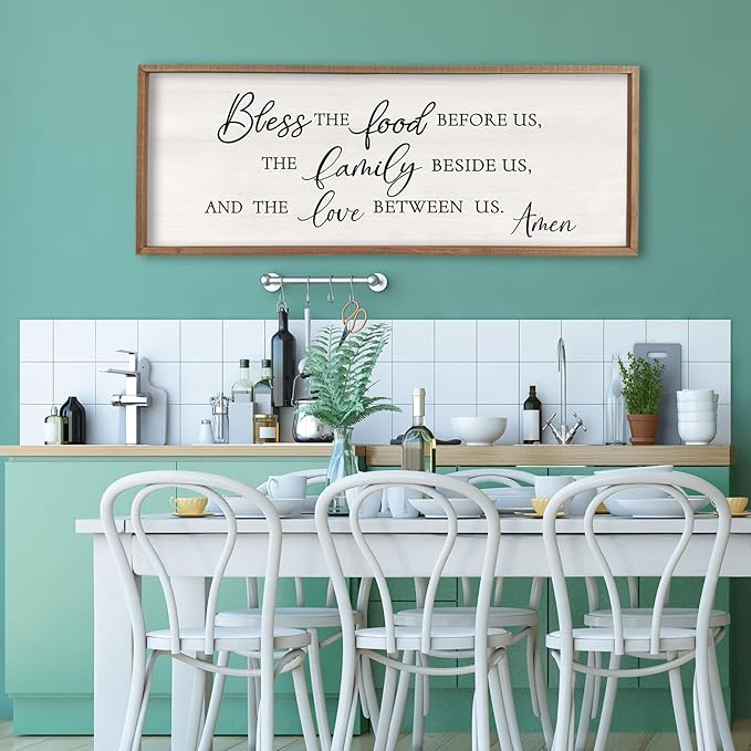 Surfapans Bless the Food Before Us Wall Decor, 40"X15" Farmhouse Dining Room Family Kitchen Sign, Christian Bible Verse Scripture Vintage Home Framed Wood Wall Art(Wood White)