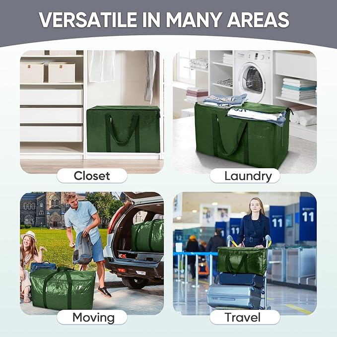 TICONN 6 Pack Extra Large Moving Bags with Zippers & Carrying Handles, Heavy-Duty Storage Tote Moving Boxes for Space Saving (6 Pack, Olive)