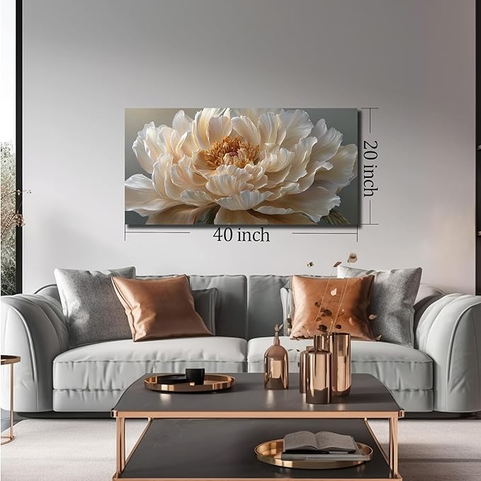 Ouzzlie Flower Canvas Wall Decor for Bedroom Living Room Office White Wall Art Floral Picture Art Light Yellow Peony Modern Artwork Posters 20"x40"